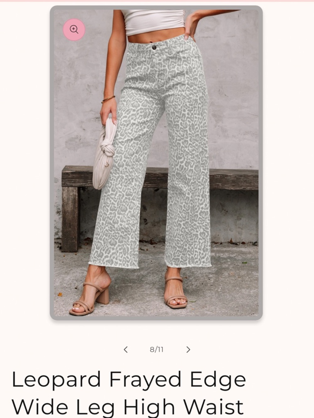 Leopard Frayed Edge High Waist Wide Leg Pants - Light Gray